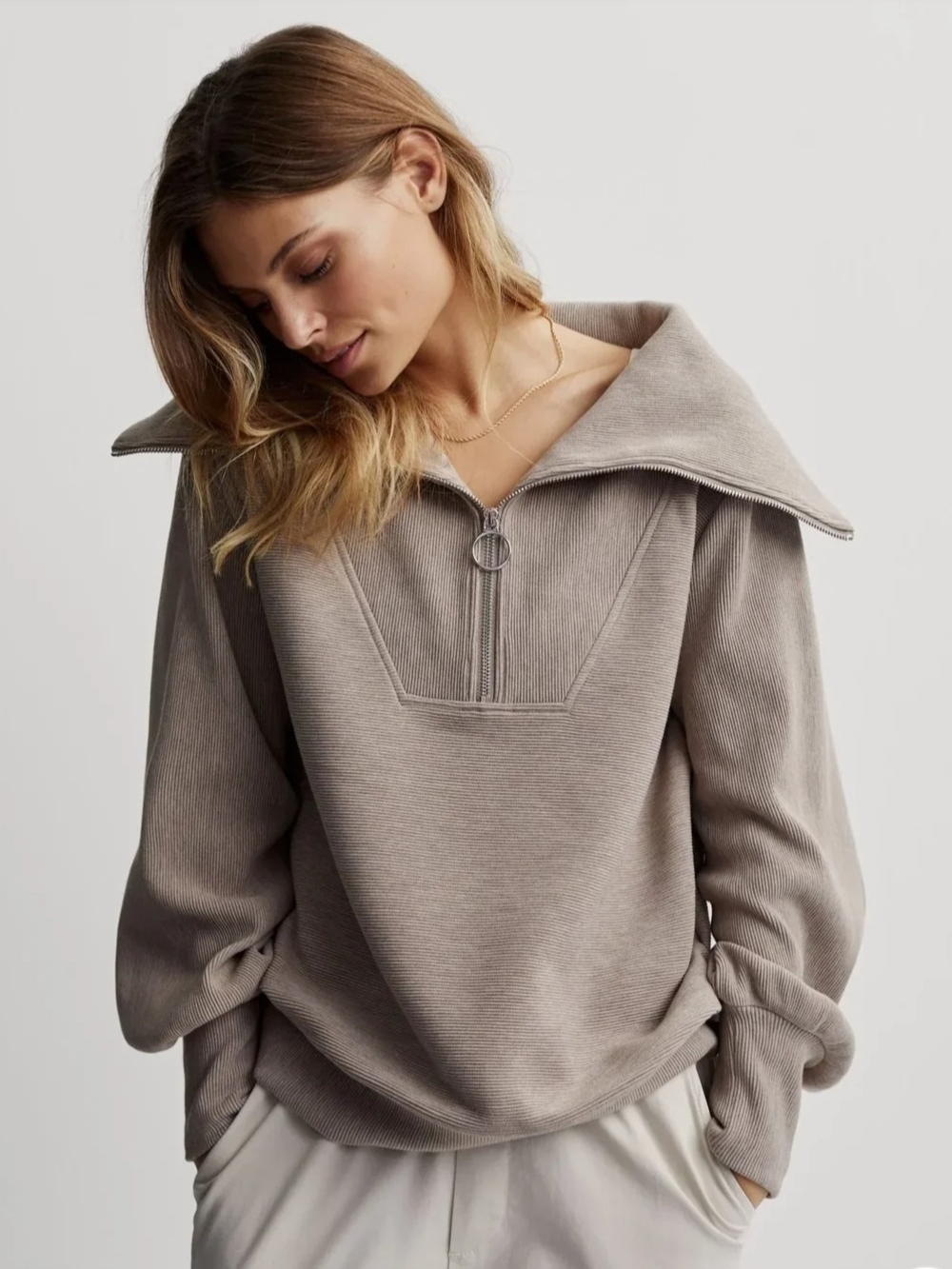 VARLEY Vine Half Zip Ottoman Pullover Sweatshirt Taupe Beige Large